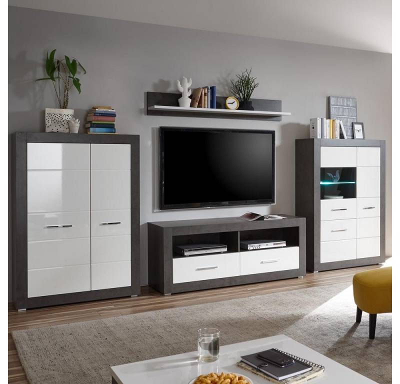 Lomadox Wohnwand ETON-61, (2-St), Set in Hochglanz weiß mit Betonoptik dunkel B/H/T: 370/170/35-45cm von Lomadox