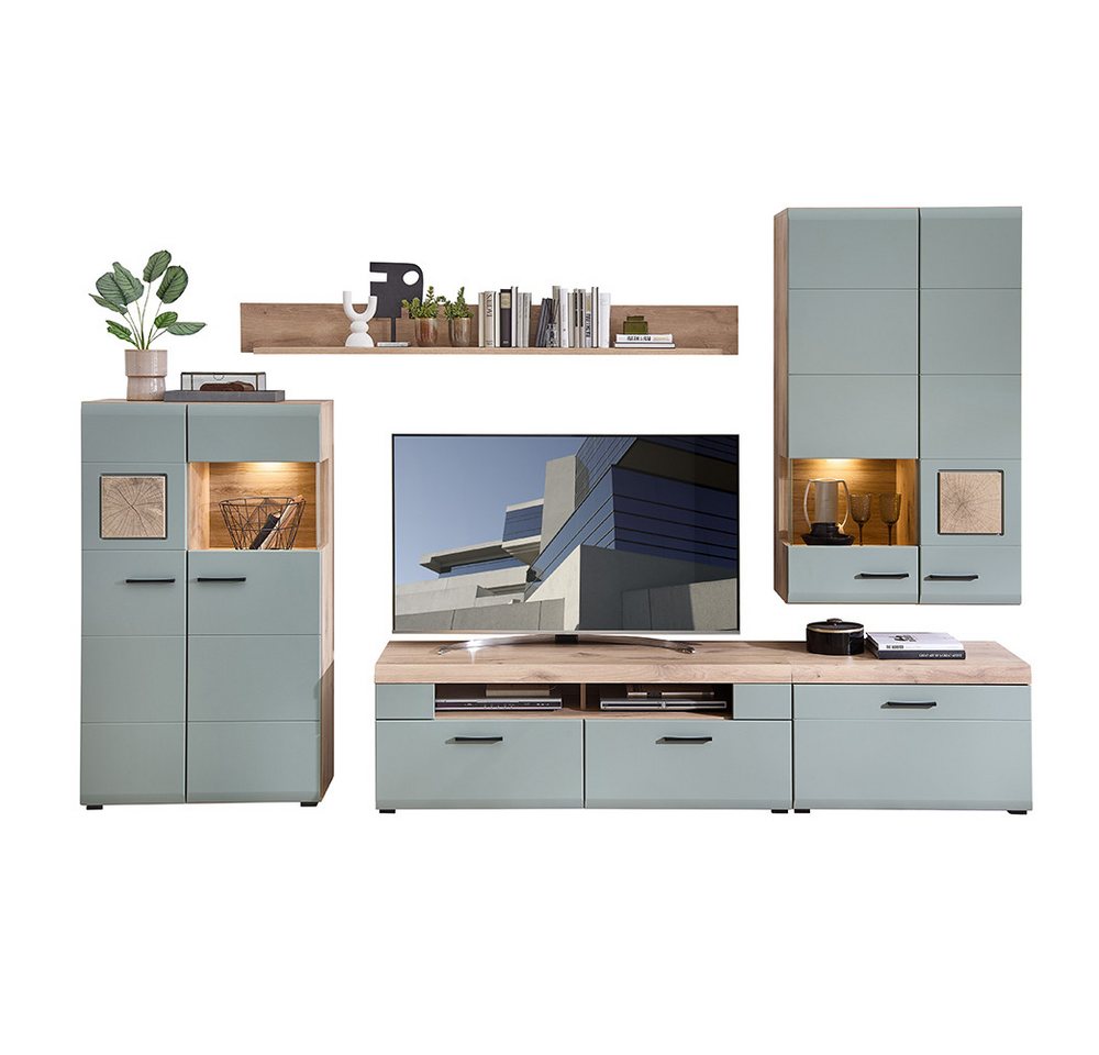 Lomadox Wohnwand FARO-36-REED, (4-St), in Eiche mit Schilfgrün, inkl. Beleuchtung von Lomadox