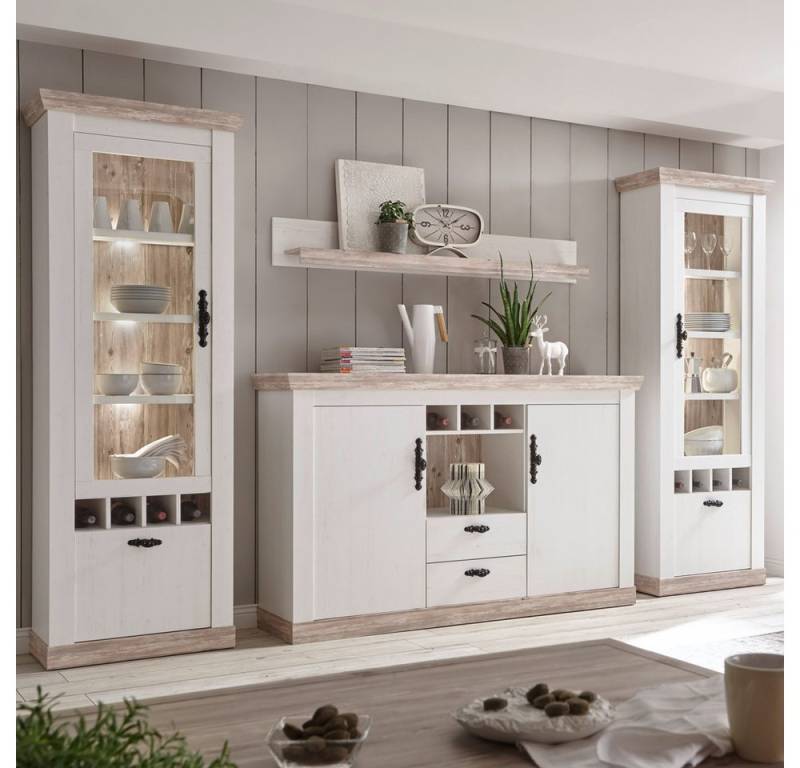 Lomadox Wohnwand FERNA-61, (2-St), Landhaus mit Highboard Oslo Pinie dunkel und weiß Nb. 330x201x44cm von Lomadox