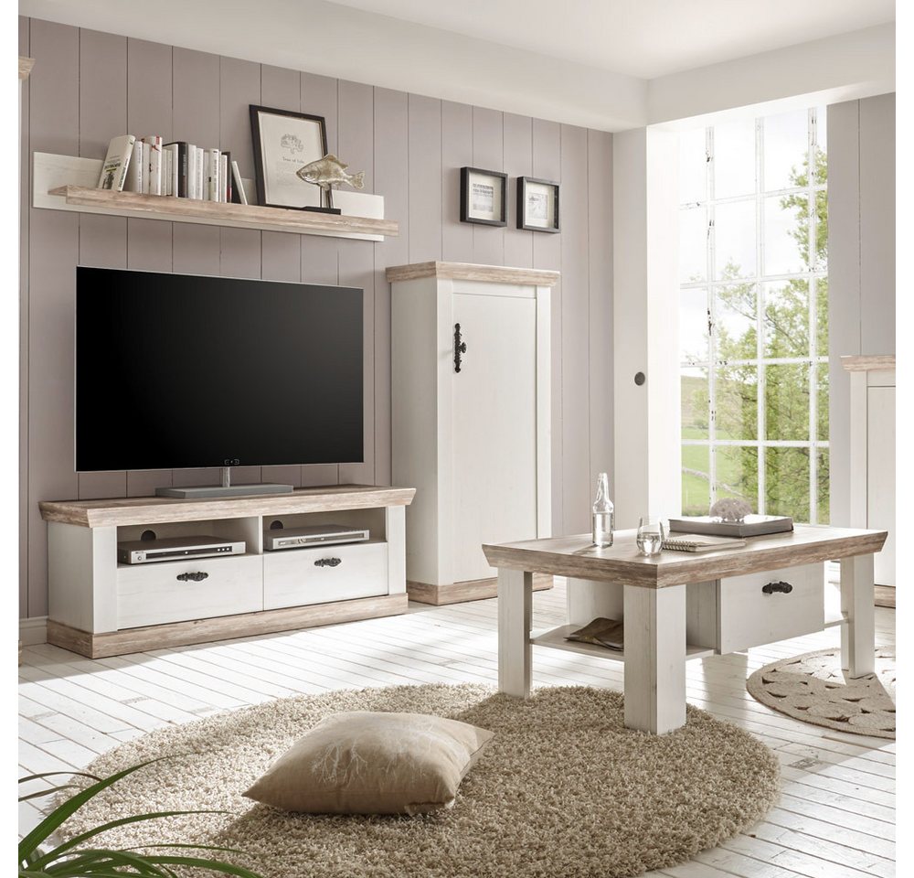 Lomadox Wohnzimmer-Set FERNA-61, (Mega-Spar-Set, 4-St., 4-tlg), weiß und Oslo dunkel Nb. mit TV-Lowboard und Couchtisch 215x201x44 cm von Lomadox