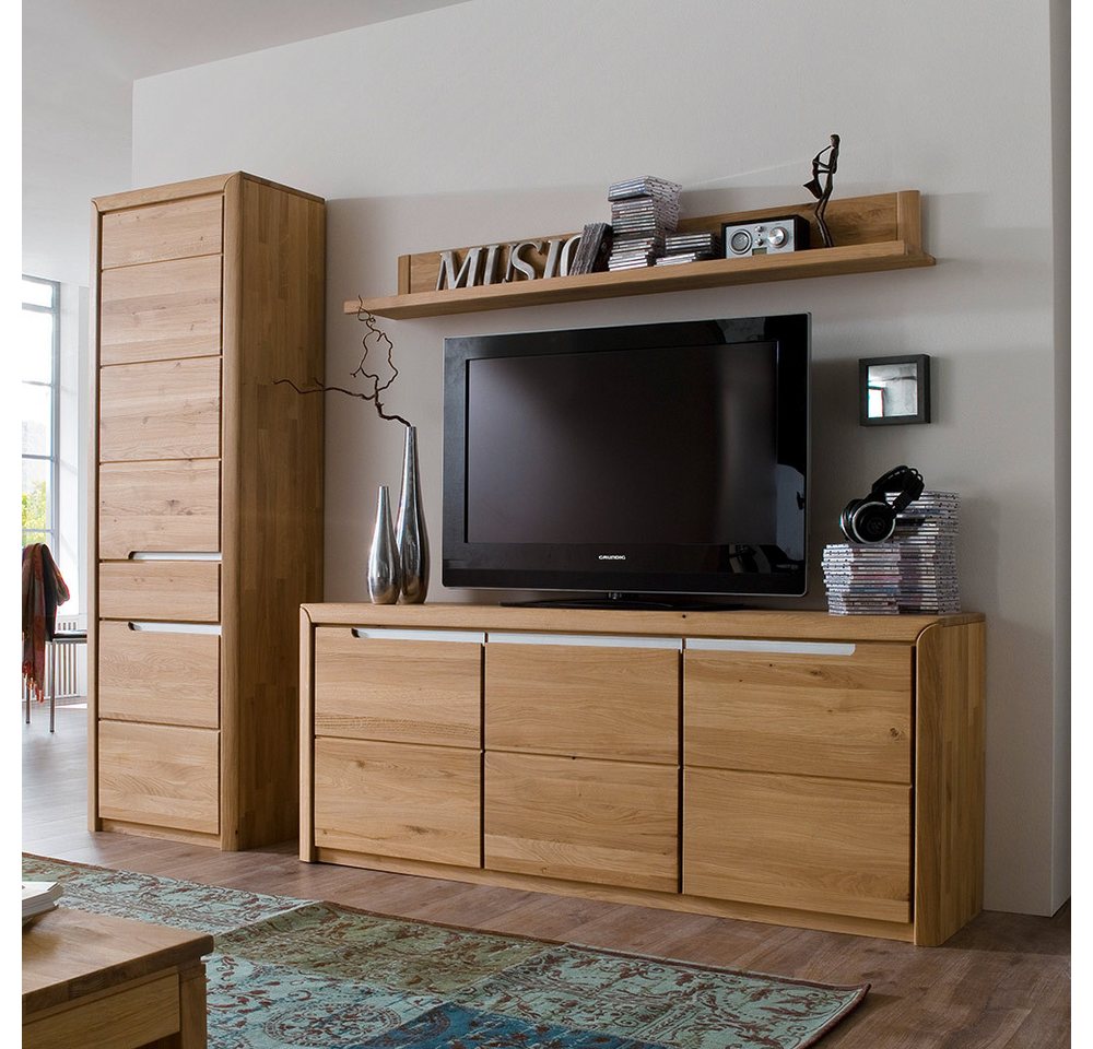 Lomadox Wohnwand FOGGIA-52, (3-St., 3-tlg), in Wildeiche massiv mit Wandboard Highboard TV Schrank mit Softclose von Lomadox