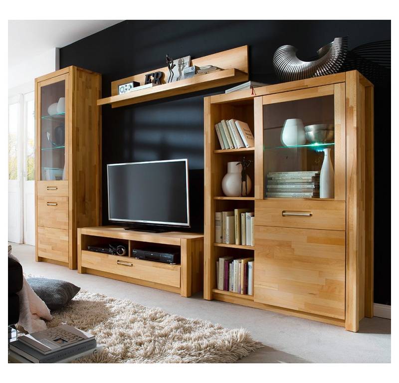 Lomadox Wohnwand FOSSANO-06, (4-St., Highboard Lowboard Vitrine Wandregal), Kernbuche massiv geölt, inkl. LED-Beleuchtung von Lomadox