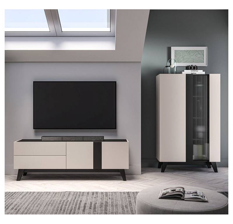 Lomadox Wohnwand FRIONA-131, (2-St., Highboard Lowboard), kaschmir schwarz modern Möbelfüße Softclose Glastür von Lomadox