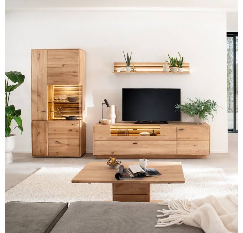 Lomadox Wohnwand GALWAY-05, (4-St., Vitrine Wandboard Lowboard Couchtisch), Wohnmöbel Set, Eiche massiv geölt, inkl. LED-Beleuchtung von Lomadox