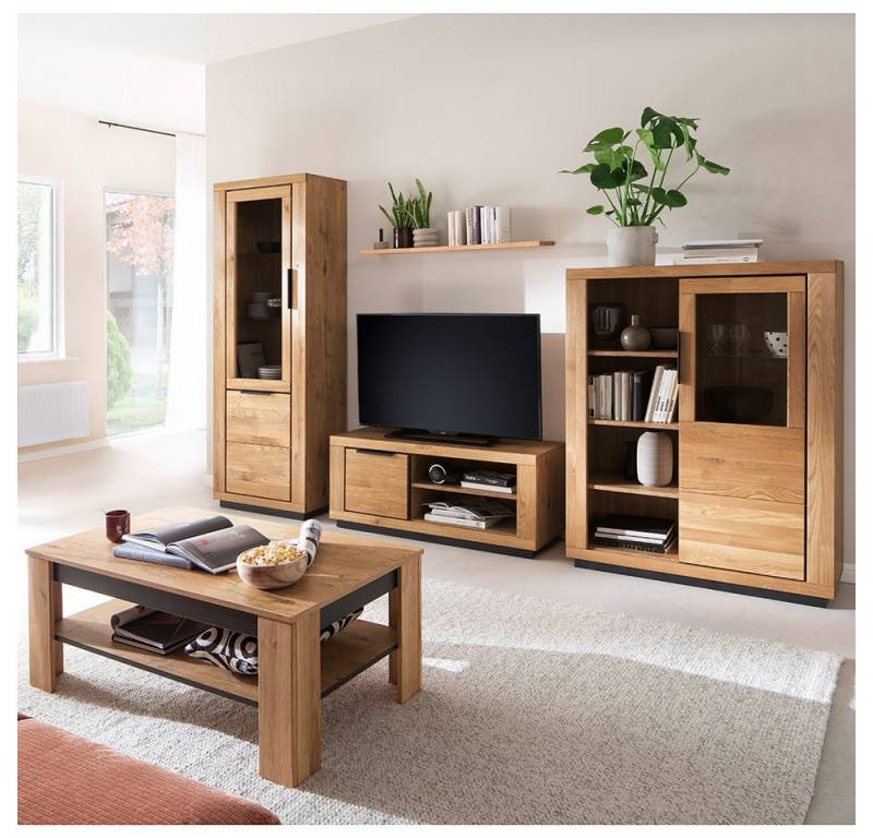 Lomadox Wohnwand GIUSTINO-06, (5-St., Vitrine Wandboard Lowboard Highboard Couchtisch), Eiche teilmassiv geölt, Massivholzfronten von Lomadox