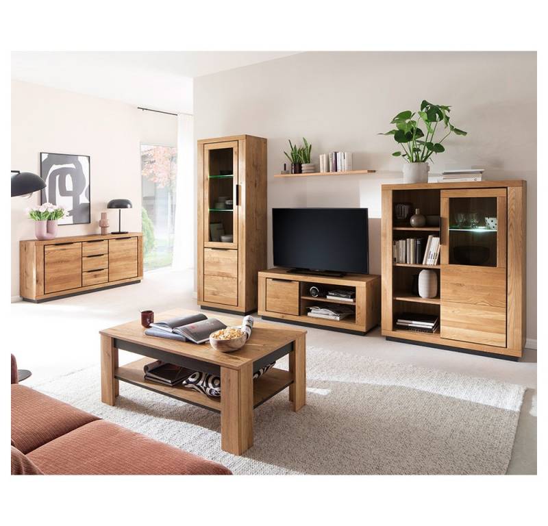 Lomadox Wohnwand GIUSTINO-06, (6-St., Sideboard Vitrine Wandboard Lowboard Highboard Couchtisch), Eiche teilmassiv geölt, Massivholzfronten, LED-Beleuchtung von Lomadox