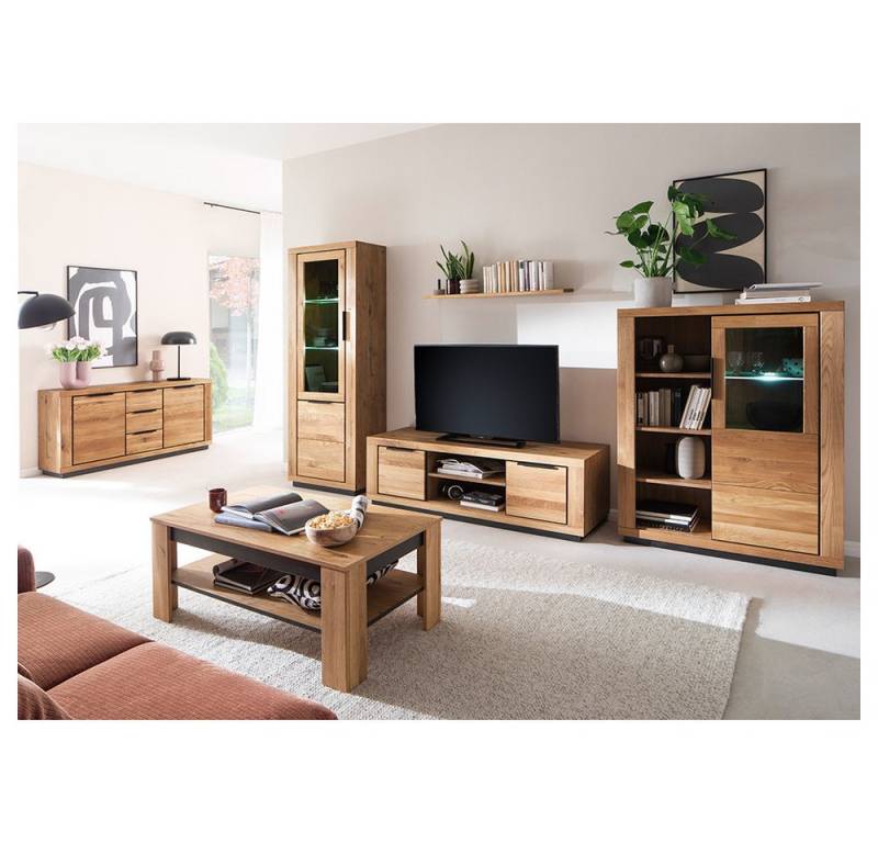 Lomadox Wohnwand GIUSTINO-06, (6-St., Sideboard Vitrine Wandboard Lowboard Highboard Couchtisch), Eiche teilmassiv geölt, Massivholzfronten, LED-Beleuchtung von Lomadox