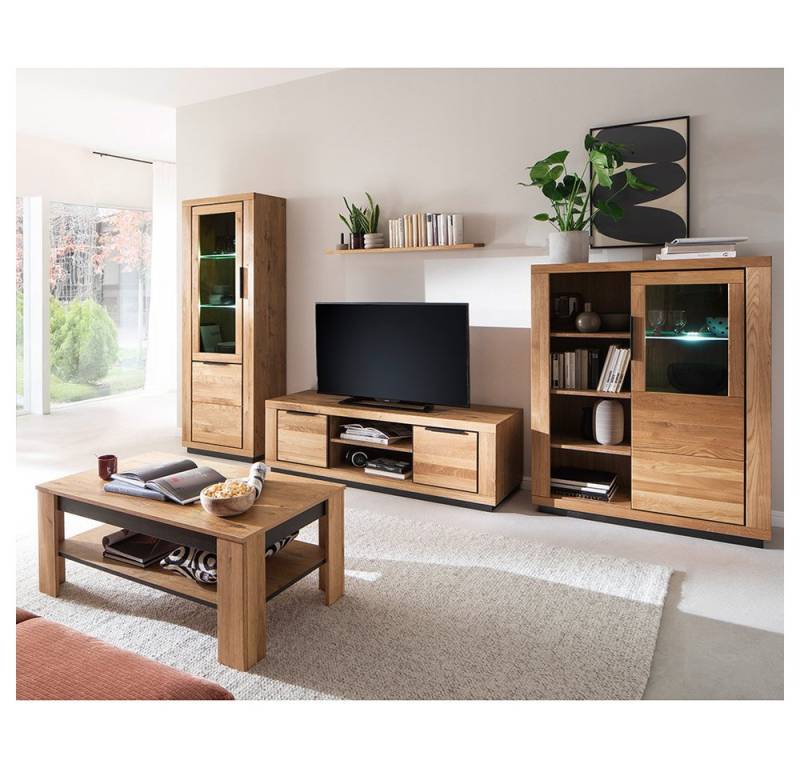 Lomadox Wohnwand GIUSTINO-06, (6-St., Vitrine Wandboard Lowboard Highboard Couchtisch), Eiche teilmassiv geölt, Massivholzfronten, LED-Beleuchtung von Lomadox