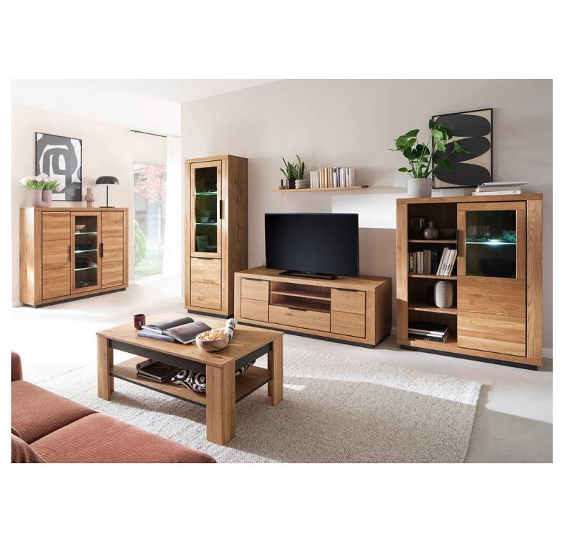 Lomadox Wohnwand GIUSTINO-06, (6-St., Vitrine Wandboard Lowboard Highboards Couchtisch), Eiche teilmassiv geölt, Massivholzfronten, LED-Beleuchtung von Lomadox
