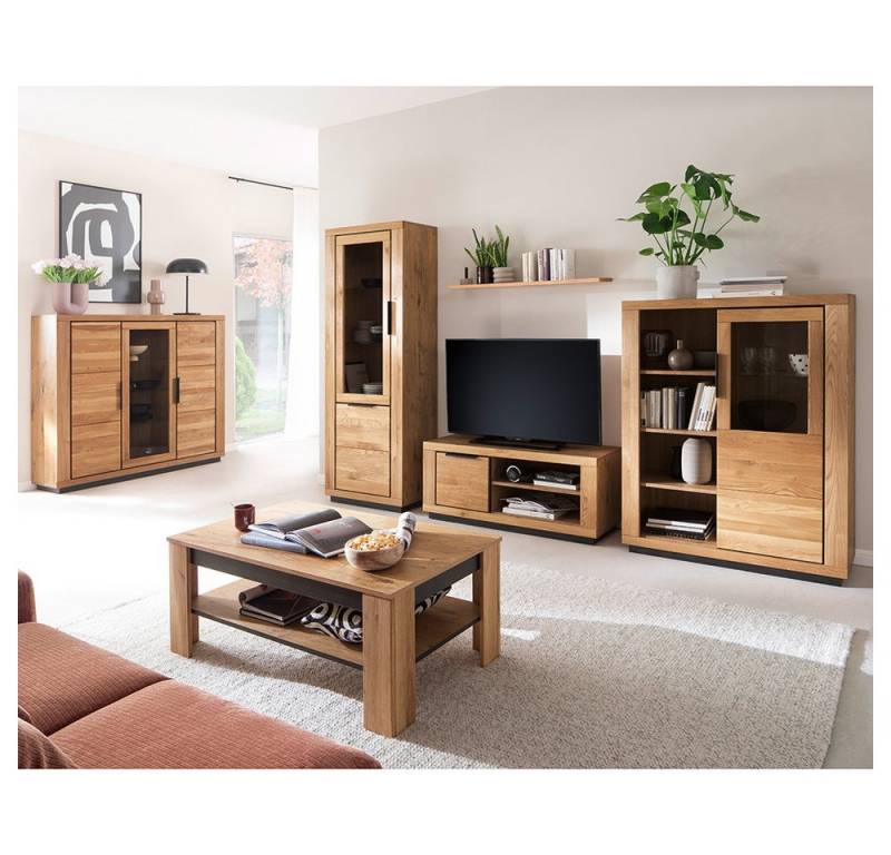 Lomadox Wohnwand GIUSTINO-06, (6-St., Vitrine Wandboard Lowboard Highboards Couchtisch), Eiche teilmassiv geölt, Massivholzfronten von Lomadox