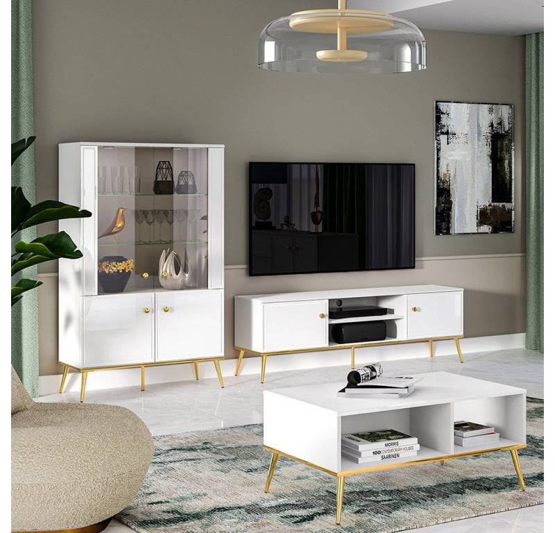 Lomadox Wohnzimmer-Set GUBIN-131, (Mega-Spar-Set, 3-St., Highboard Lowboard Couchtisch), weiß Hochglanz, goldfarbene Details, Wohnwand, Anbauwand von Lomadox