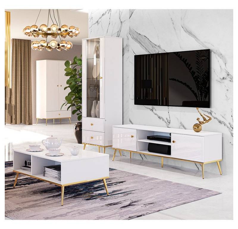 Lomadox Wohnzimmer-Set GUBIN-131, (Mega-Spar-Set, 4-St., Lowboard Vitrine Couchtisch Schrank), weiß Hochglanz, goldfarbene Details, Wohnwand von Lomadox