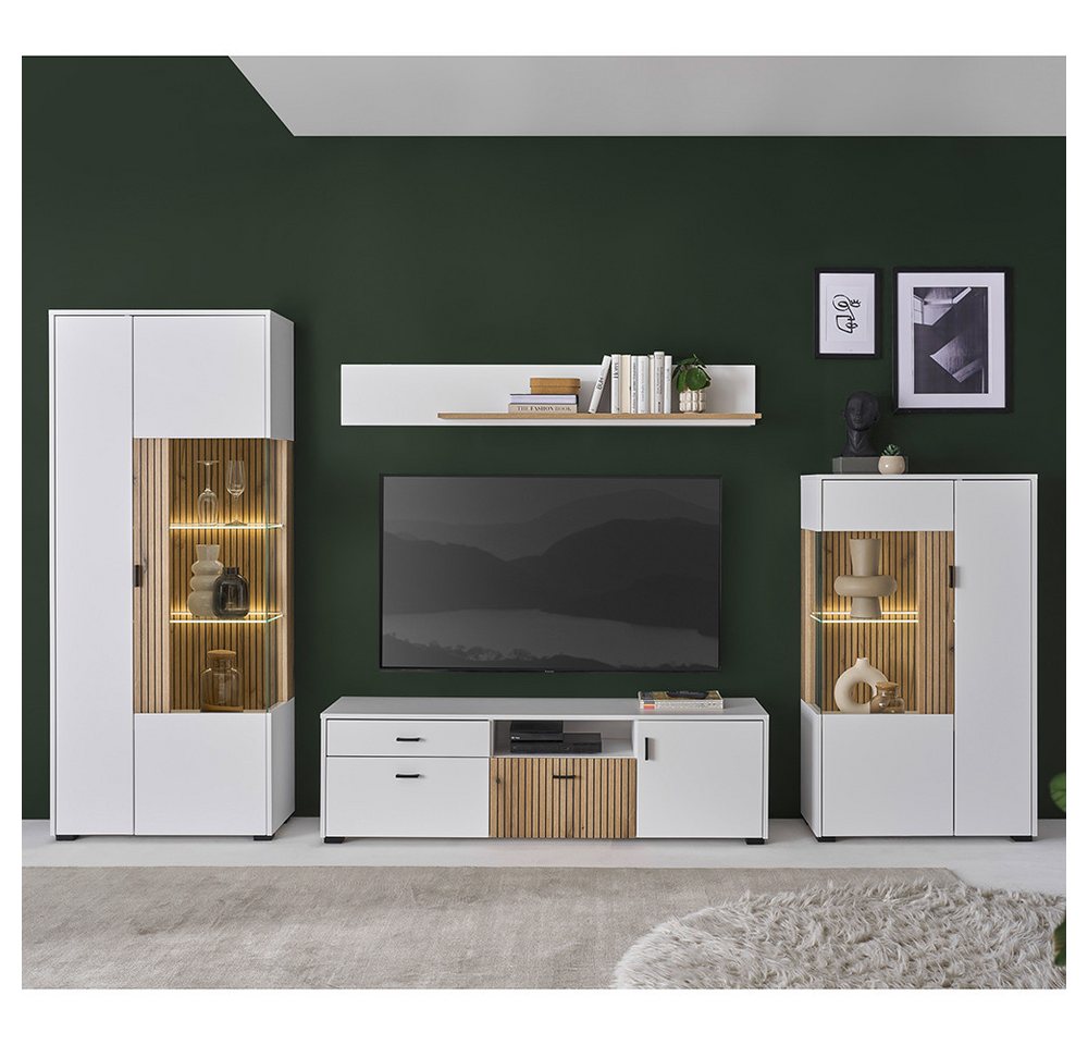 Lomadox Wohnwand HUNTER-61, (4-St), Wohnzimmer Set mit 150cm Lowboard weiß matt Eiche gerillt von Lomadox