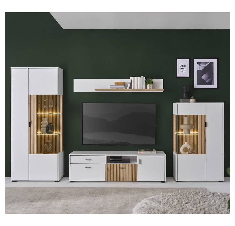 Lomadox Wohnwand HUNTER-61, (4-St), Wohnzimmer Set mit 150cm Lowboard weiß matt Eiche gerillt von Lomadox