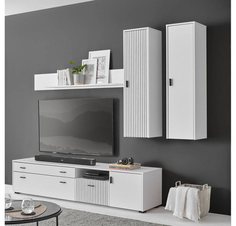 Lomadox Wohnwand HUNTER-61, (4-St), weiß matt schwarz Rillen TV-Wand Lowboard Wandregal Hängeschränke von Lomadox