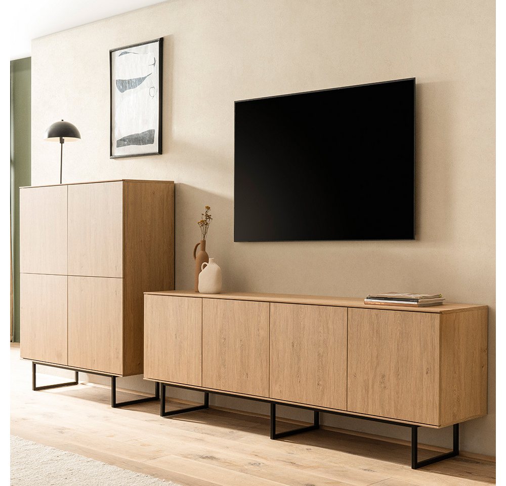 Lomadox Wohnwand KASOL-61, (2-St., Highboard Lowboard), Eiche Dekor grifflos Push-to-open Metallgestell schwarz Industrial von Lomadox