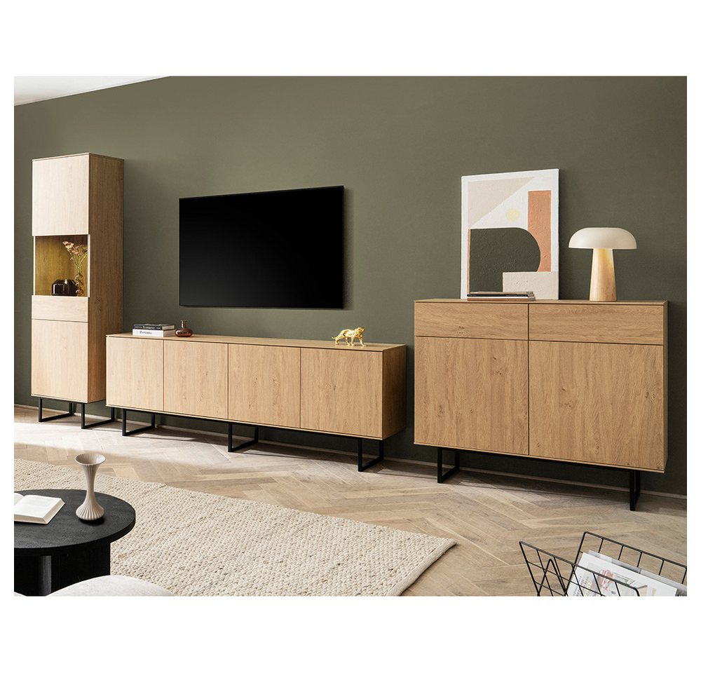 Lomadox Wohnwand KASOL-61, (3-St., Vitrinenschrank Beleuchtung Lowboard Highboard Kommode), Eiche Dekor grifflos Push-to-open Metallgestell LED Beleuchtung von Lomadox