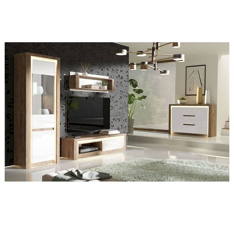 Lomadox Wohnwand LATINA-161, (4-St., Lowboard Regal Vitrine Kommode), Wohnzimmermöbel mit Sideboard modern in Eiche mit weißen Fronten von Lomadox