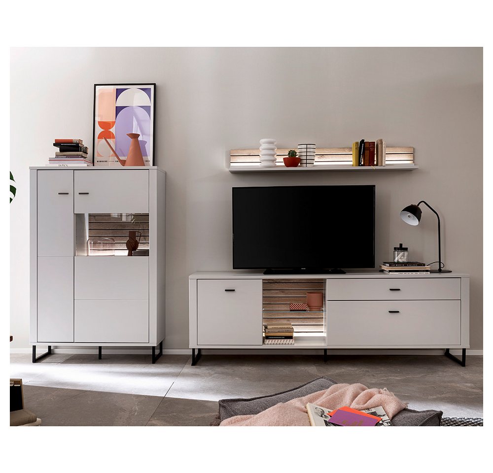 Lomadox Wohnwand LAUREANA-05, (3-St., Highboard Wandboard Lowboard), Anbauwand Wohnzimmermöbel, weiß mit Eiche, inkl. LED-Beleuchtung von Lomadox