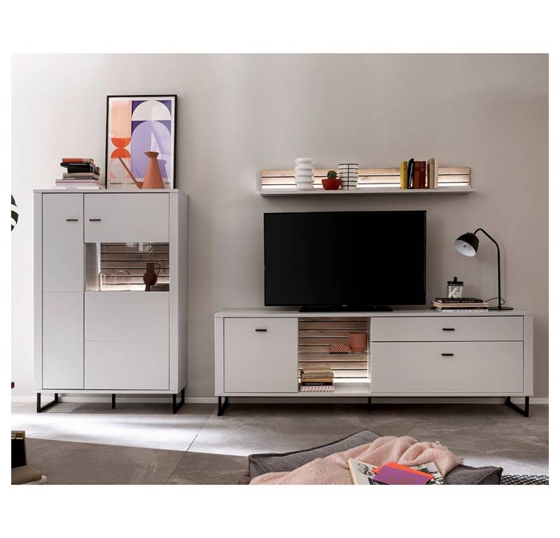 Lomadox Wohnwand LAUREANA-05, (3-St., Highboard Wandboard Lowboard), Anbauwand Wohnzimmermöbel, weiß mit Eiche, inkl. LED-Beleuchtung von Lomadox