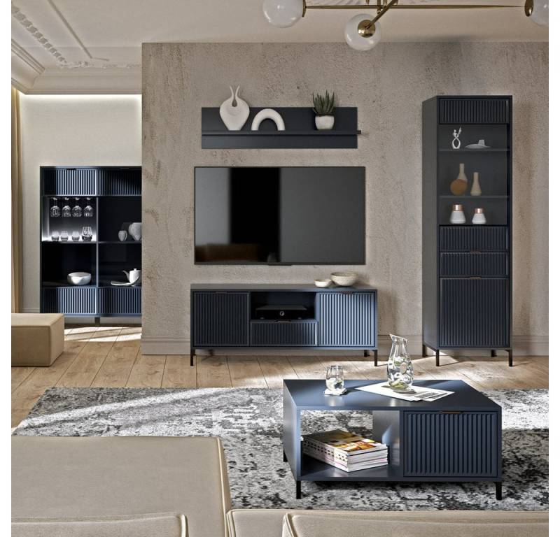 Lomadox Wohnwand LAURO-161, (5-St., Sideboard Vitrine Wandregal Lowboard Highboard Couchtisch), Wohnzimmer Set Indigo blau modern mit Rillenoptik und Beleuchtung von Lomadox