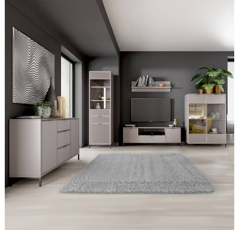 Lomadox Wohnwand LAURO-161, (5-St., Kommode Vitrine Wandregal Lowboard Highboard), Wohnzimmer Set Kaschmir beige modern mit Rillenoptik und Beleuchtung von Lomadox