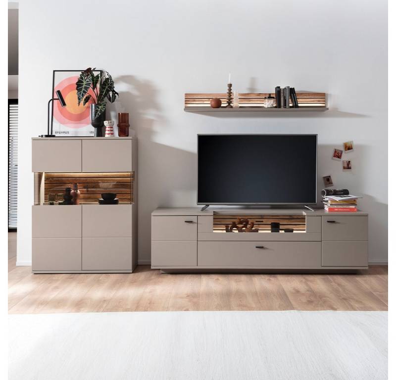 Lomadox Wohnwand LIEZEN-05, (3-St., Highboard Fernsehschrank Wandregal), grau mit Eiche, inkl. Beleuchtung von Lomadox