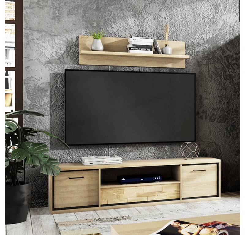 Lomadox Wohnwand MEGARA-161, (2-St., Regal Lowboard), Wohnzimmermöbel TV Board modern in braun mit Eiche Hickory Design von Lomadox