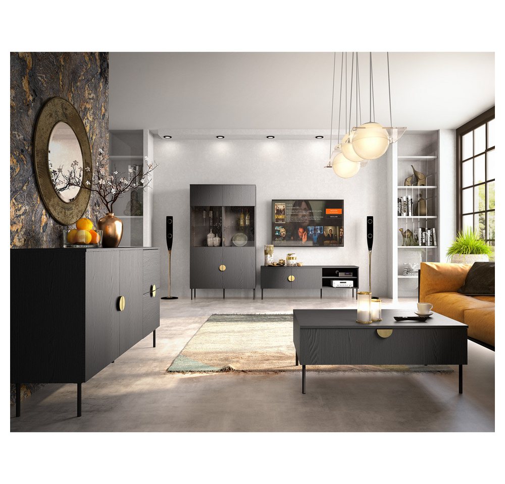 Lomadox Wohnwand MOLONG-166, (4-St., Sideboard Lowboard Couchtisch), Wohnzimmer Möbel Set schwarz Mid Century Stil schlicht modern von Lomadox