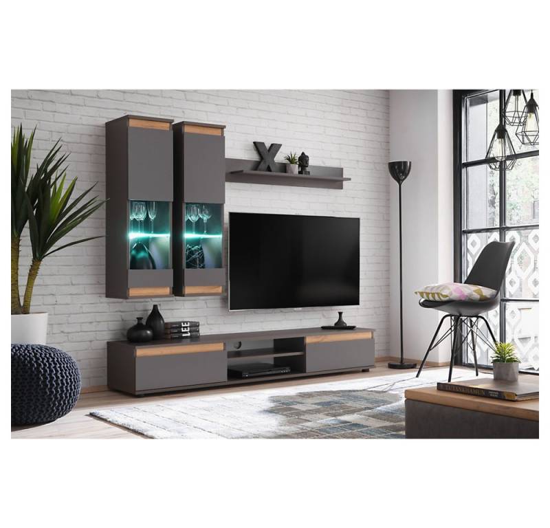 Lomadox Wohnwand MONTEGORDO-164, (4-St., Wohnwand), in Anthrazit mit Eiche, 175 cm breit, mit Beleuchtung von Lomadox