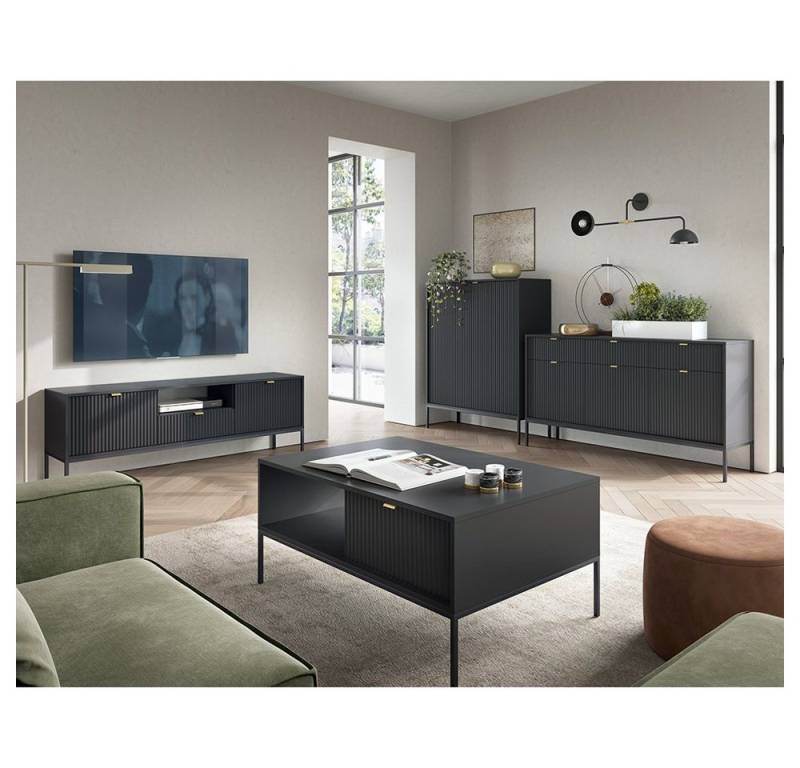 Lomadox Wohnzimmer-Set NEWCASTLE-160, (Mega-Spar-Set, 4-St., 4-tlg), Wohnzimmermöbel schwarz, Fußgestell schwarz, Griffe goldfarben von Lomadox