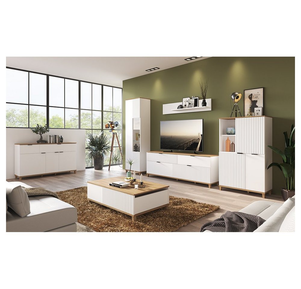 Lomadox Wohnzimmer-Set PLYMOUTH-129, (Mega-Spar-Set, 6-St., 6-tlg), inkl. Couchtisch in weiß mit Eiche Nb. von Lomadox