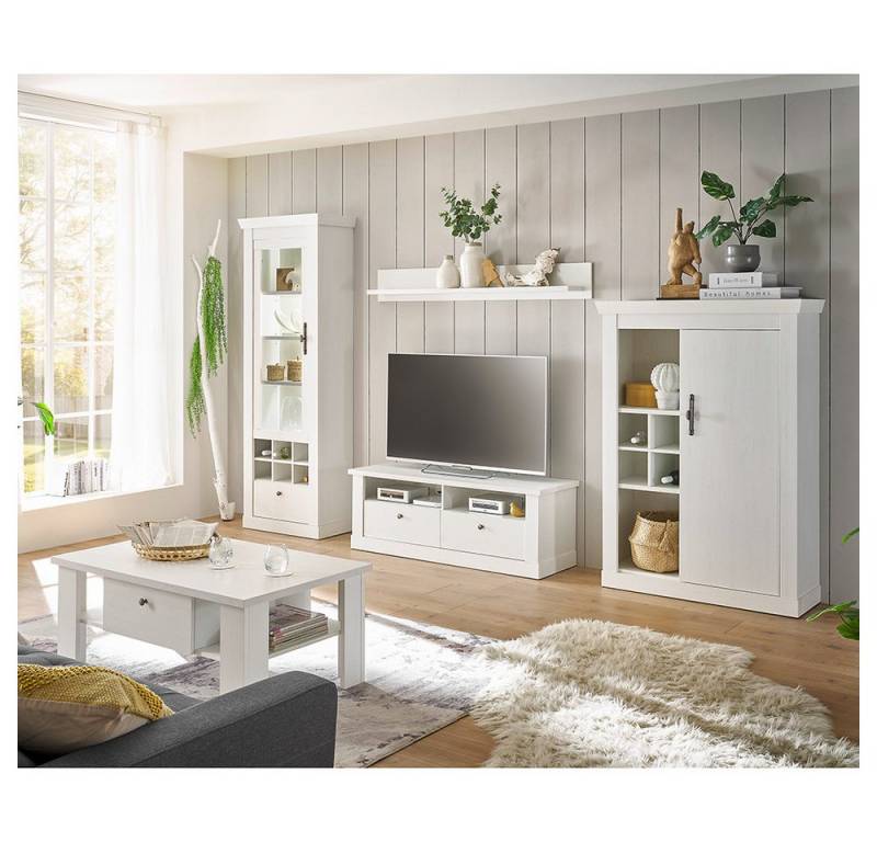 Lomadox Wohnwand RAPLA-61, (5-St., Vitrine Wandboard Lowboard Highboard Couchtisch), mit LED-Beleuchtung, Pinie weiß, Landhaus Stil von Lomadox