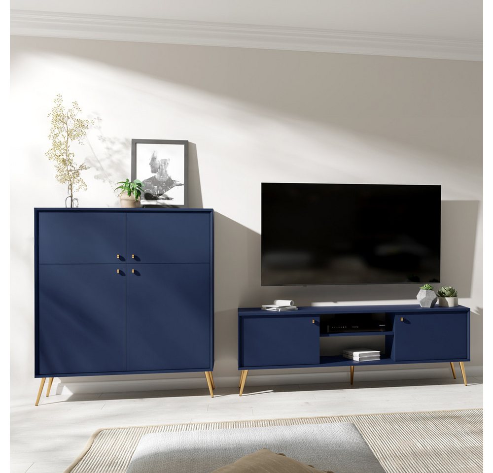 Lomadox Wohnwand RIPLEY-166, (2-St., Highboard Lowboard), modern dunkelblau Wohnzimmer Set mit goldenen Details von Lomadox