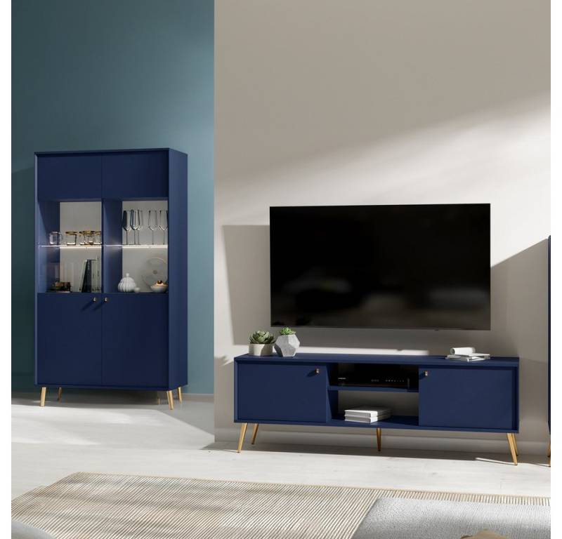 Lomadox Wohnwand RIPLEY-166, (2-St., Lowboard Vitrinenschrank), modern dunkelblau mit Beleuchtung und goldenen Details von Lomadox