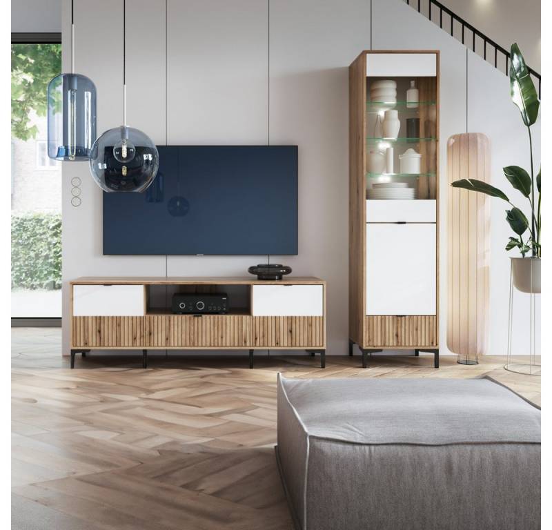 Lomadox Wohnzimmer-Set RISBY-129, (Mega-Spar-Set, 2-St., 2-tlg), Lowboard Fernsehschrank Vitrinenschrank weiß Eiche Lamellenoptik von Lomadox