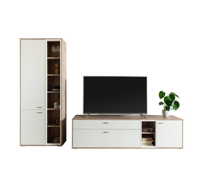 Lomadox Wohnwand SAGUNTO-05, (2-St., Vitrine Lowboard), in weiß und Eiche von Lomadox