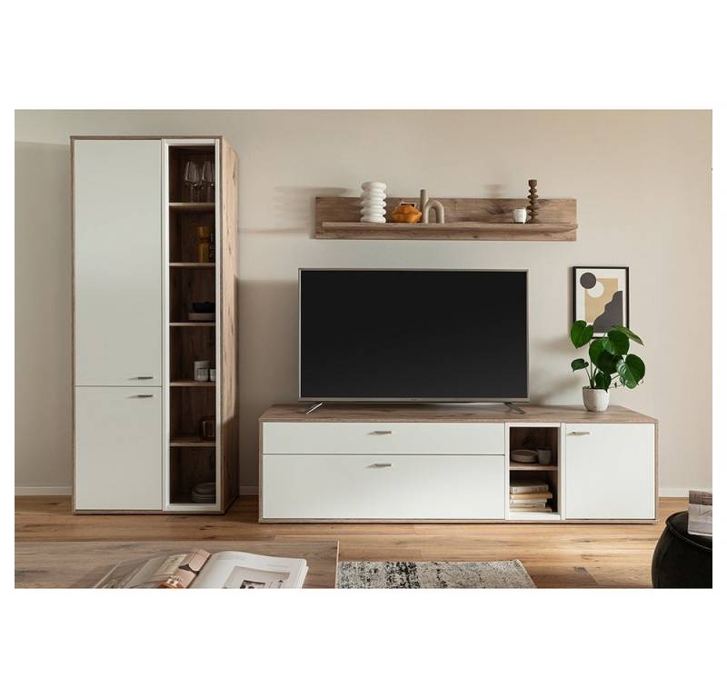 Lomadox Wohnwand SAGUNTO-05, (3-St., Vitrine Wandboard Lowboard), in Eiche und weiß, mit Softclose-Funktion von Lomadox