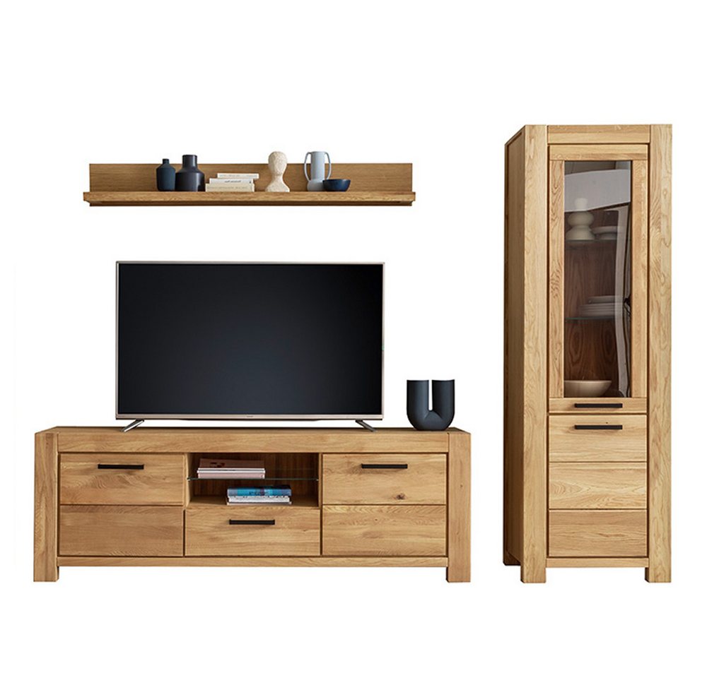 Lomadox Wohnwand SELISTE-06, (3-St., Wandboard Lowboard Vitrine), Eiche teilmassiv geölt, Echtholz/Massivholz von Lomadox