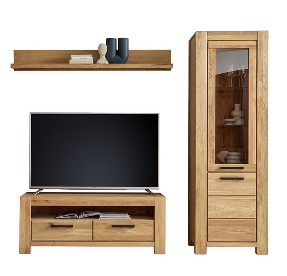 Lomadox Wohnwand SELISTE-06, (3-St., Wandboard Lowboard Vitrine), Eiche teilmassiv geölt, Echtholz/Massivholz von Lomadox