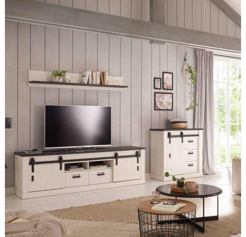 Lomadox Wohnwand SHELTON-61, (3-St), TV-Wand Pinie weiß Nb. Landhausstil, TV-Lowboard, Wandboard, Kommode von Lomadox