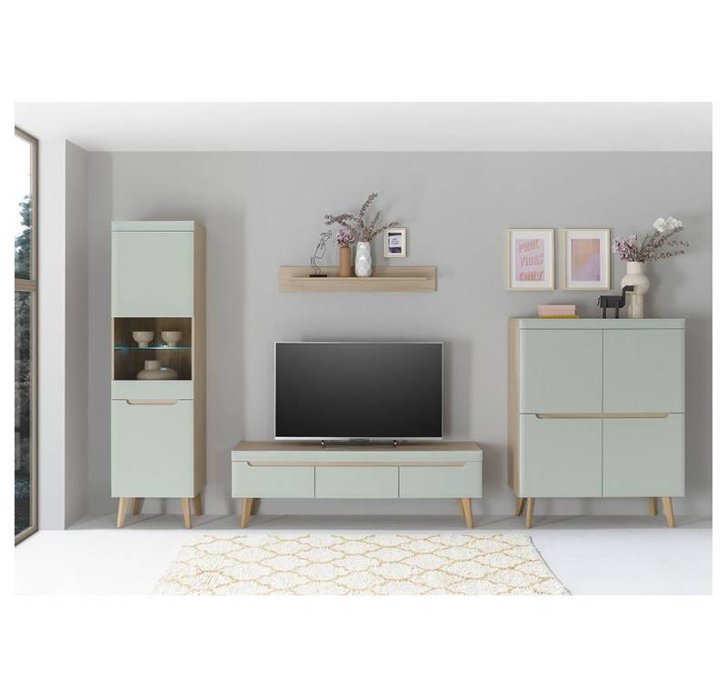 Lomadox Wohnzimmer-Set STOCKTON-61, (Mega-Spar-Set, 4-St., 4-tlg), grün matt mit Eiche Nb., Vitrine, TV-Lowboard, Wandboard, Highboard von Lomadox