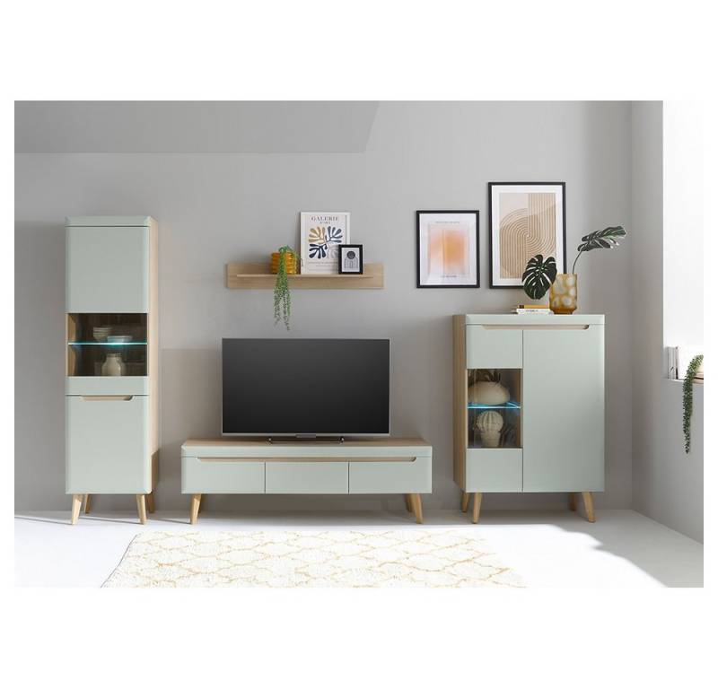 Lomadox Wohnzimmer-Set STOCKTON-61, (Mega-Spar-Set, 4-St., 4-tlg), grün matt mit Eiche Nb.,Standvitrine, Vitrine, TV-Lowboard, Wandboard von Lomadox