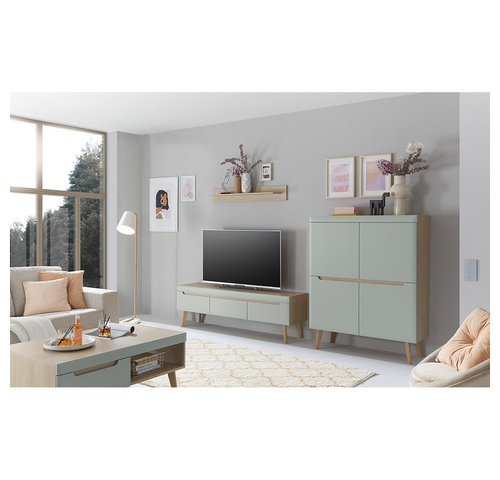 Lomadox Wohnwand STOCKTON-61, (4-St., 4-tlg), grün matt mit Eiche Nb.,TV-Lowboard, Wandboard, Highboard, Couchtisch von Lomadox