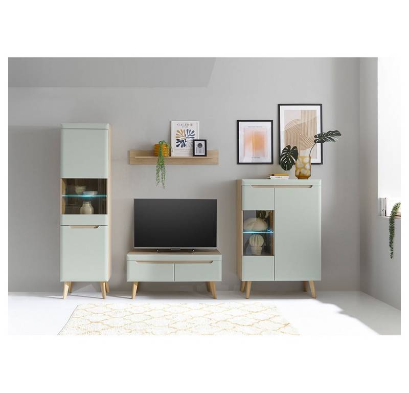 Lomadox Wohnzimmer-Set STOCKTON-61, (Mega-Spar-Set, 4-St., 4-tlg), grün matt mit Eiche Nb.,Vitrinen, TV-Lowboard, Wandboard, Beleuchtung von Lomadox