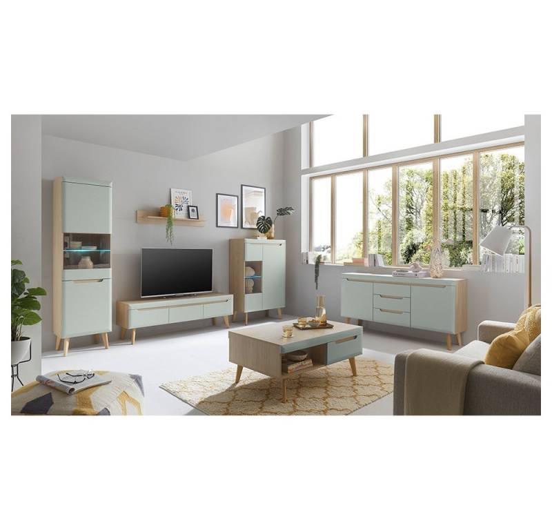 Lomadox Wohnzimmer-Set STOCKTON-61, (Mega-Spar-Set, 6-St., 6-tlg), grün matt mit Eiche Nb., inkl. Couchtisch von Lomadox