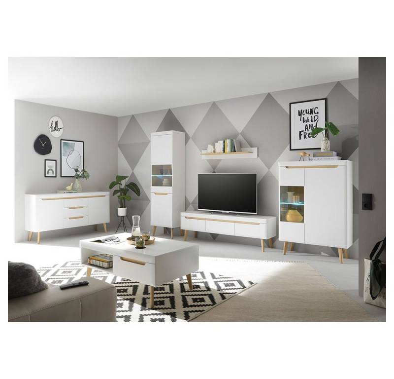 Lomadox Wohnzimmer-Set STOCKTON-61, (Mega-Spar-Set, 6-St., 6-tlg), matt weiß mit Eiche Nb., mit Couchtisch von Lomadox