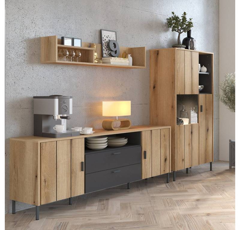 Lomadox Wohnwand STON-129, (3-St., Lowboard Wandregal Highboard), Eiche Dekor anthrazit Industrial Stil Metallfüße Softclose von Lomadox