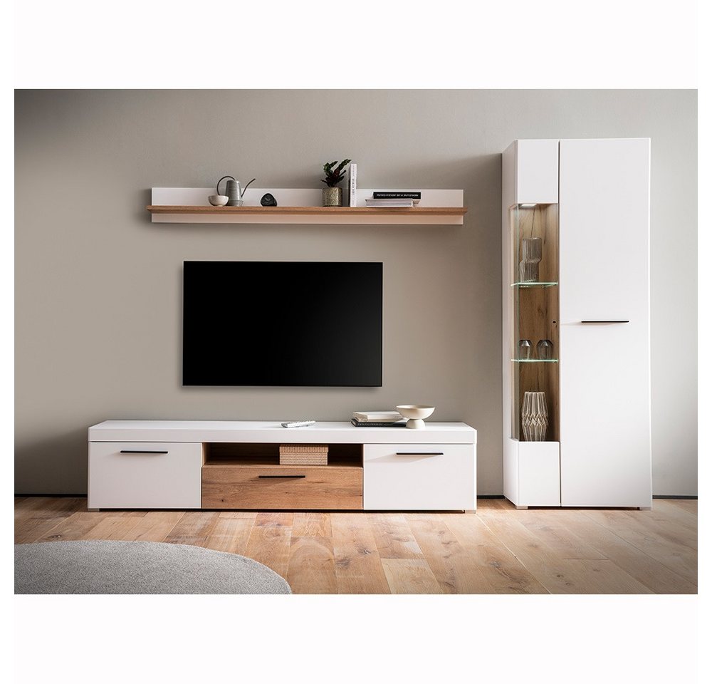 Lomadox Wohnwand SUTTON-61, (3-St., Lowboard Wandboard Vitrine), weiß matt Eiche modern TV-Wand 205 cm Lowboard von Lomadox