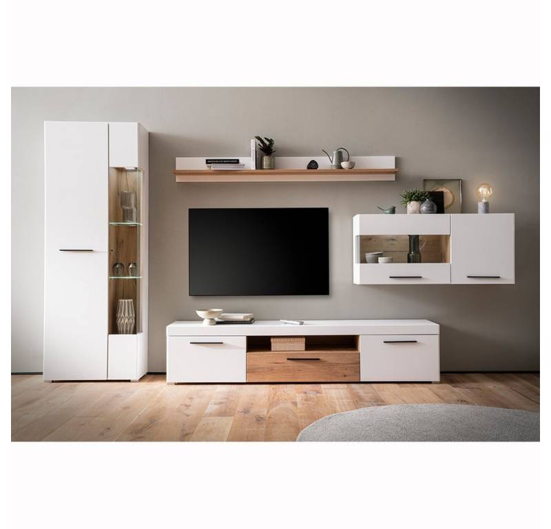 Lomadox Wohnwand SUTTON-61, (4-St., Vitrine Wandboard Lowboard Wandvitrine), weiß matt Eiche Wohnzimmer Set TV-Wand modern von Lomadox